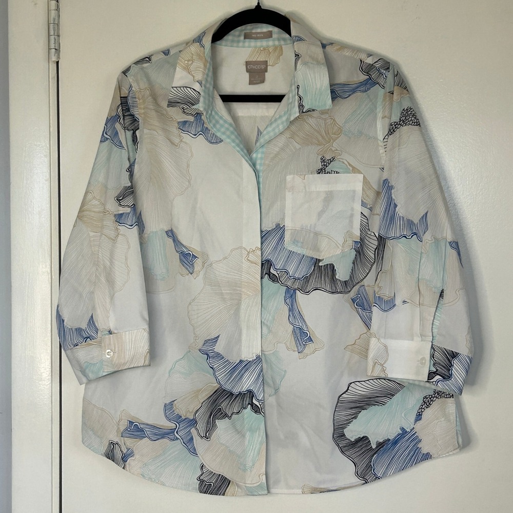Chico's Women Floral Button Down 3/4‎ Sleeve No Iron Blouse Size 2 or L (12/14)